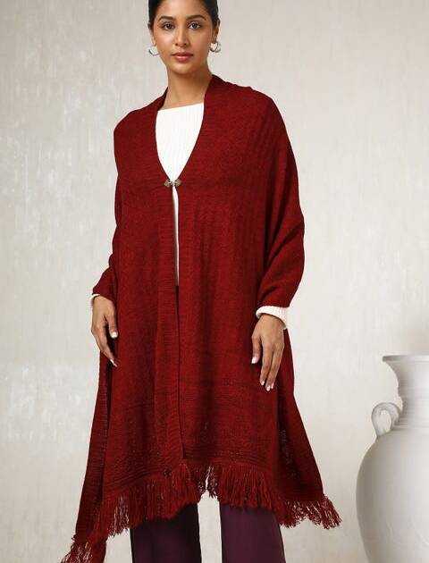 Red Acrylic Woven Design Shawl