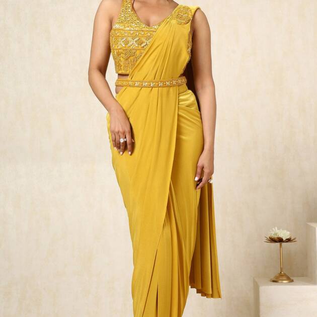 Mustard Nylon Blend Sequin Embellished Ready-To-Wear Saree