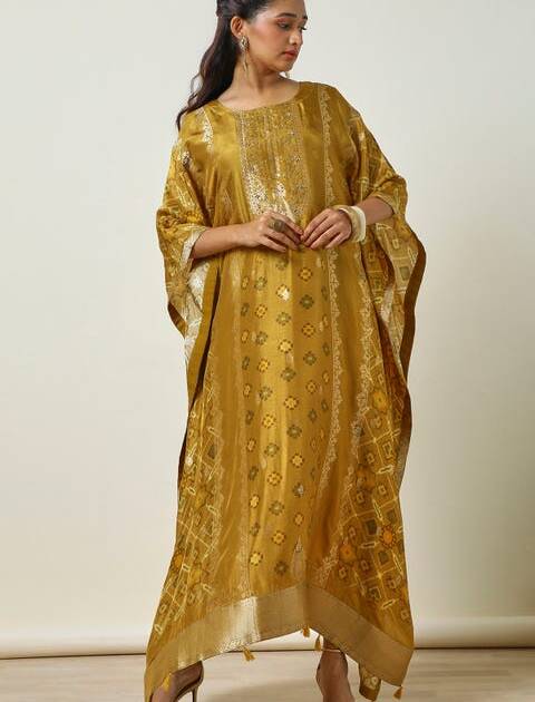 Beige Muslin Floral Foil Print V-Neck Kaftan with Beadwork