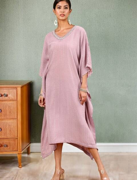 Purple Embellished Viscose Dobby Kaftan With Beads & Stones